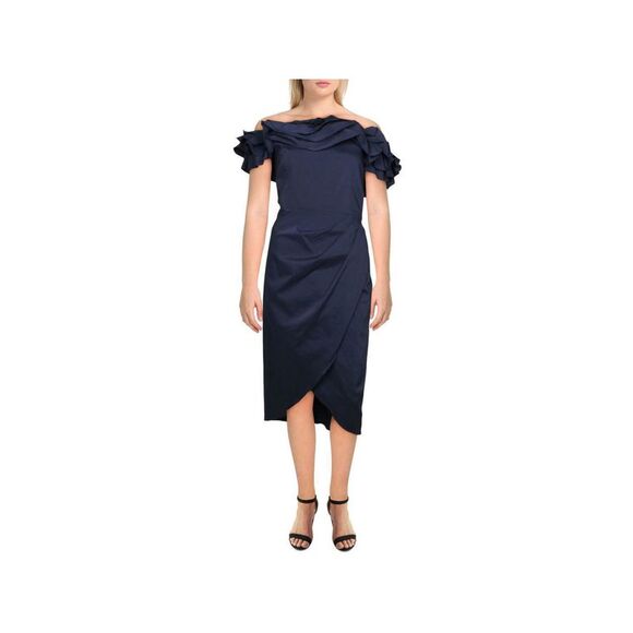 AIDAN MATTOX Dresses & Skirts - AIDAN MATTOX Womens Navy Short Sleeve Off Shoulder Midi Formal Tulip Dress 2